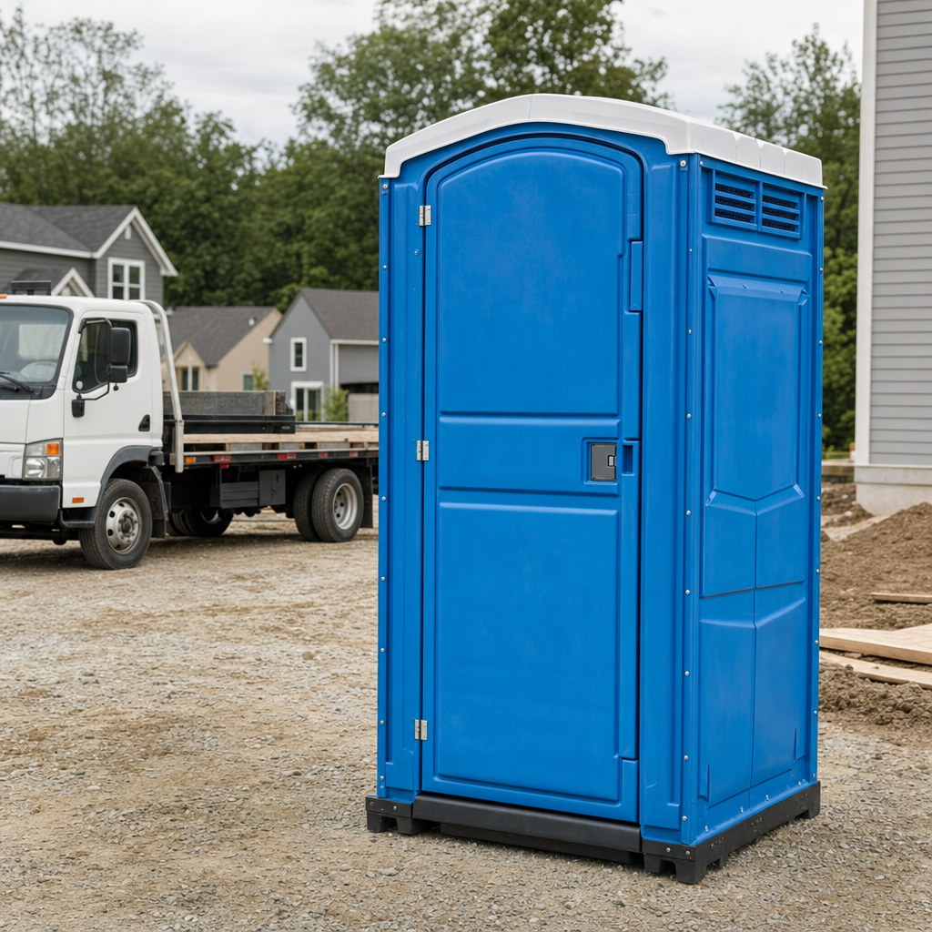 Delivery driver positioning a clean royal-blue portable toilet on level ground at a Raleigh worksite