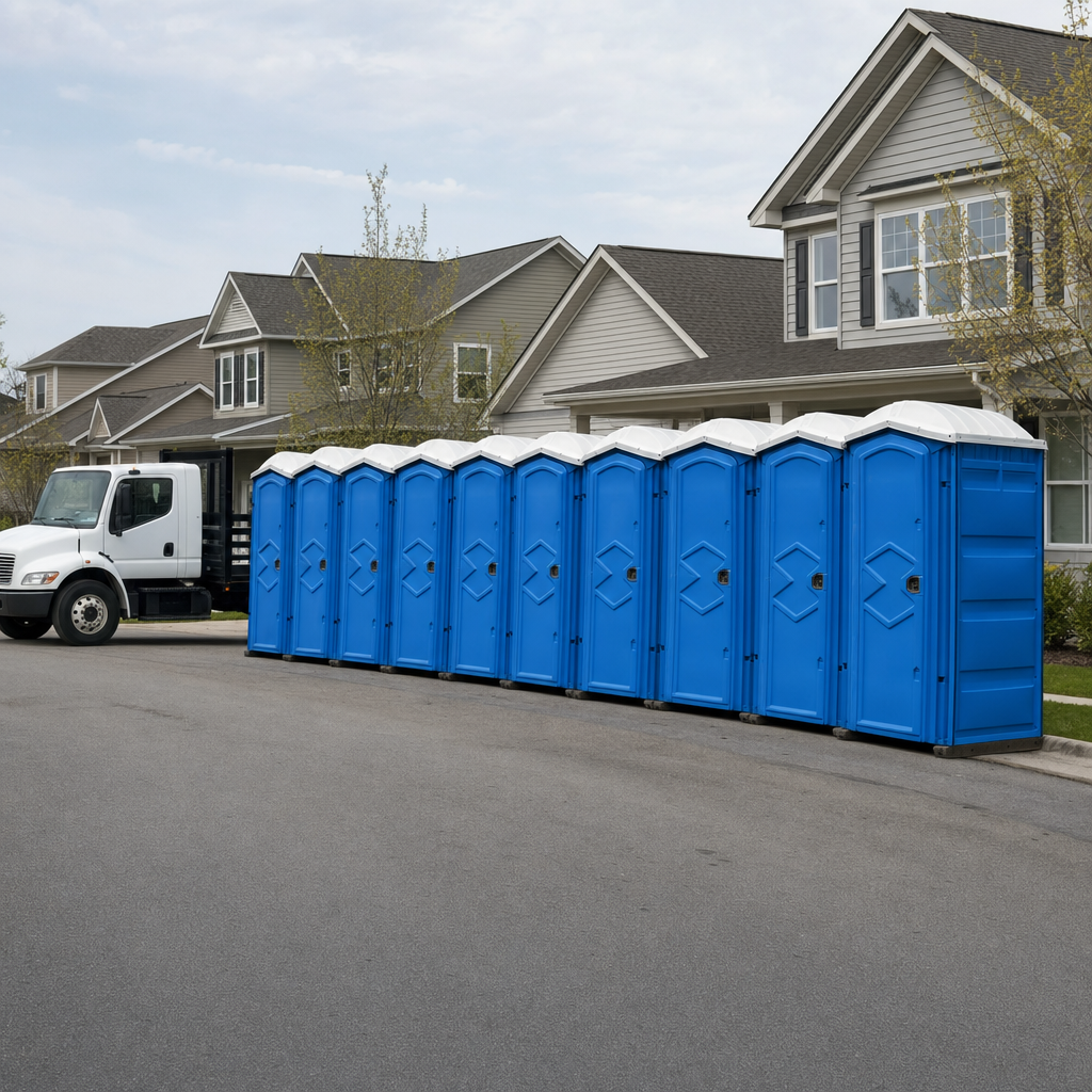 Royal blue portable toilets staged in a tidy row at a Raleigh jobsite, ready for delivery